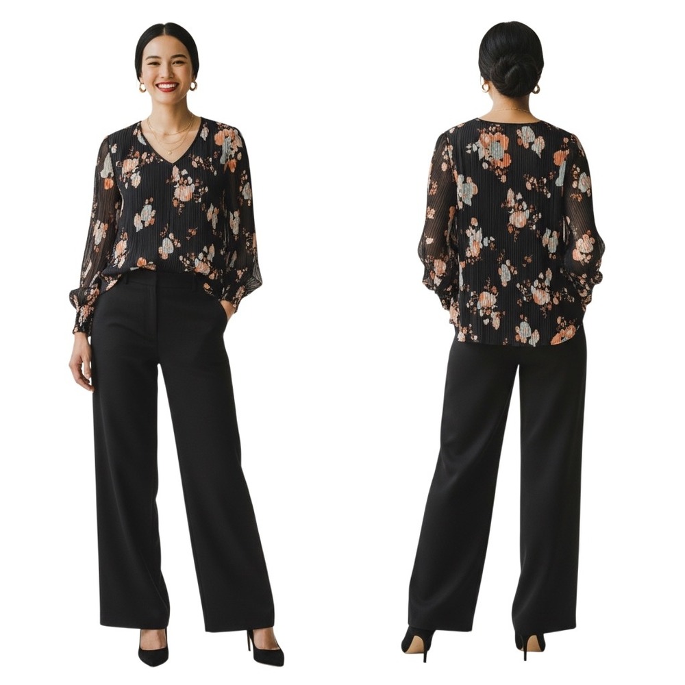 Floral Pleated V-Neck Blouse Black Peach Large Smocked Sleeve. L. Dressy. Party